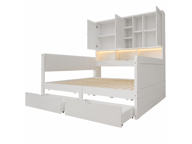  Lit enfant, lit coffre 140x200 avec éclairage led, ports de chargement usb et tiroirs, tête de lit rembourrée en pu, lit de jour, lit d'angle en bois, lit de jour avec étagères et placards, blanc  - Conforama E