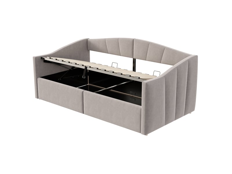  Lit enfant 90 x 200 cm, rangement grand volume, dossier et accoudoirs, tissu velours gris clair sans matelas  - Conforama A