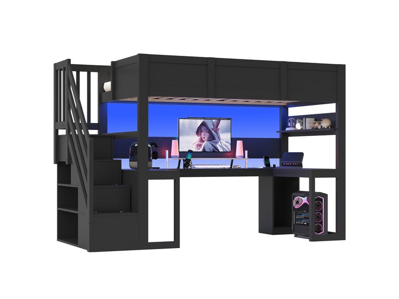 Lit mezzanine gaming 90x200 noir avec bureau, led, usb et escalier rangement - Conforama A
