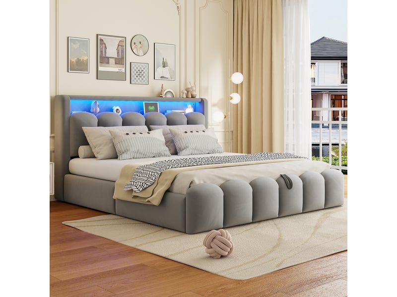  Lit coffre rembourré 180x200 cm coloris gris led velours lit adulte gris - Conforama E