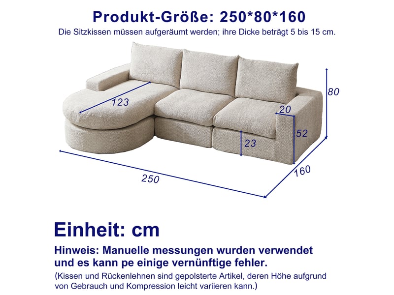 Canapé d’angle modulable en chenille, méridienne réversible, mousse haute densité, 3 coussins, sans montage - beige - Conforama C