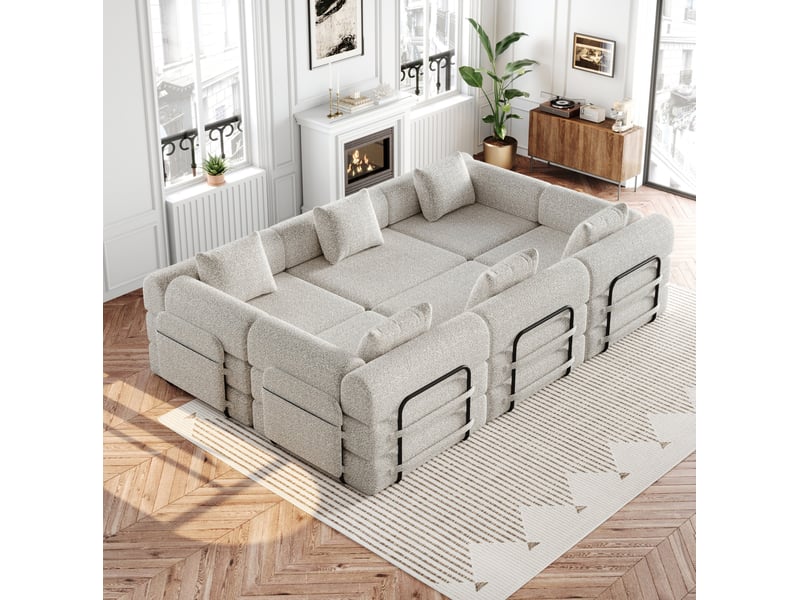  Canapé modulaire convertible 6 places avec rangement d’accoudoir et structure en acier, en chenille kaki  - Conforama E