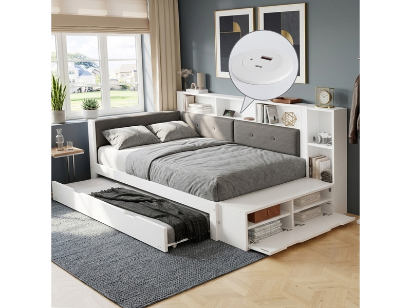 Lit avec rangement 120 x 200 cm et lit gigogne 90 x 190 cm, tête rembourrée, étagères, chargeur et banquette, blanc - Conforama E