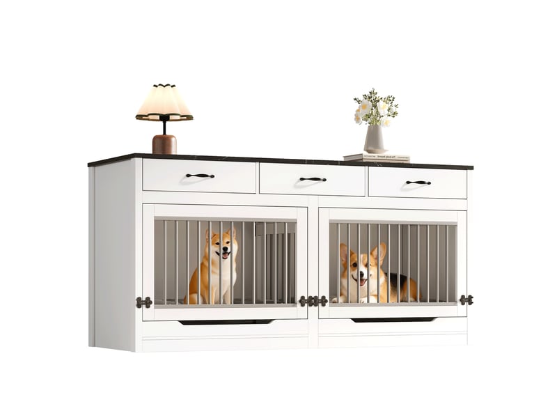  Console 3 tiroirs 164x60x81 cm, grand espace de rangement, structure métallique et panneaux mdf blancs et noirs  - Conforama A