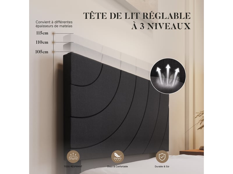  Lit 90x200 cm avec sommier à lattes, cadre de lit rembourré, tête de lit réglable, pieds antidérapants, lit 1 personne, noir  - Conforama B