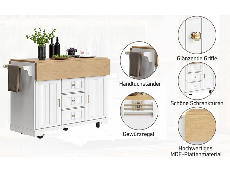  Desserte cuisine, îlot central sur roulettes avec plan de travail, plateau extensible, pivotant à 360°, dimensions 120 x 40 x 95 cm, mdf, blanc  - Conforama E