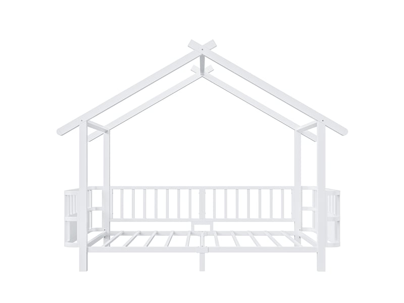  Lit cabane enfant 90x200 en métal blanc, structure toit et barrière de sécurité intégrée pour chambre  - Conforama E