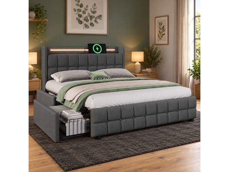  Lit double rembourré 160 x 200 cm, tête de lit led, 2 usb + 2 prises, 4 tiroirs, sommier à lattes, matelas h3 inclus, gris  - Conforama E