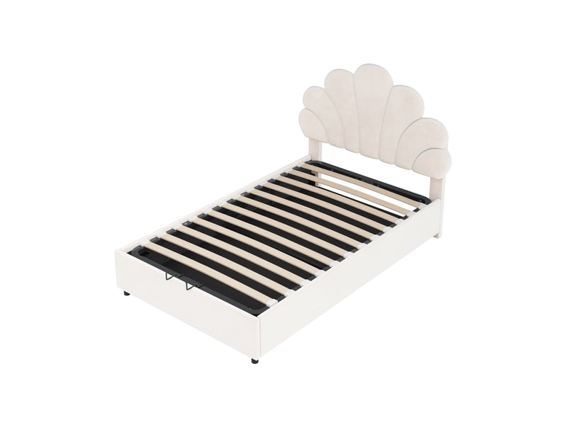  Lit coffre 90 × 200 cm 1 place avec rangement hydraulique et tête de lit réglable, sans matelas, beige  - Conforama A