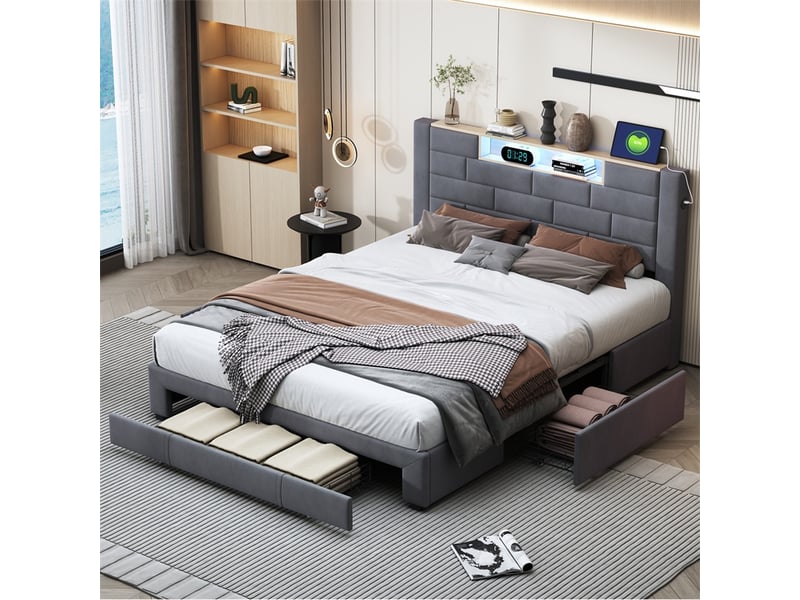  Lit 140x200cm - lit double 160x200cm - lit adulte tête de lit niche avec led et usb type-c et 3 tiroirs de rangement - velours gris  - Conforama B