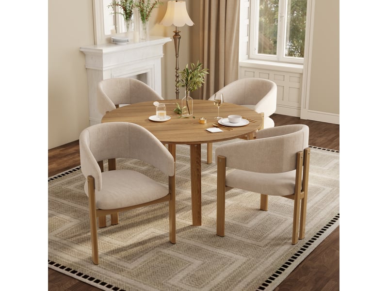  Lot de 2 chaises de salle à manger avec accoudoirs ergonomiques, tissu en lin beige et métal aspect bois naturel  - Conforama D