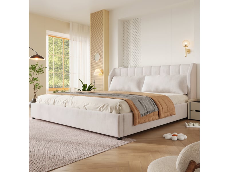  Lit plateforme 180x200 cm, sans matelas, 2 coussins, tête de lit à lignes verticales, en velours français beige  - Conforama E