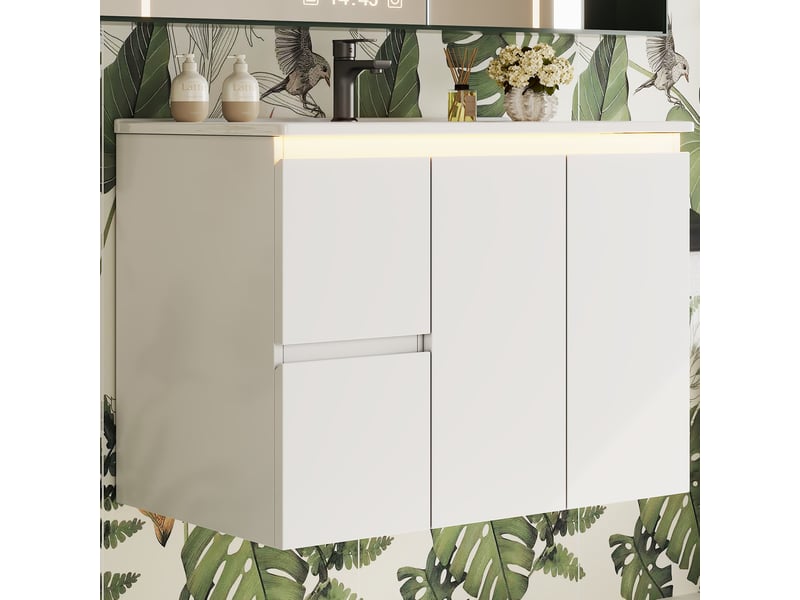  Meuble sous vasque mural avec 2 tiroirs, 2 portes, éclairage led à capteur radar pour salle de bain, 76×47×57 cm  - Conforama B