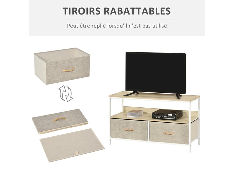  Meuble tv bas sur pieds tiroirs en tissu gris bois naturel et métal blanc style industriel 2  - Conforama A