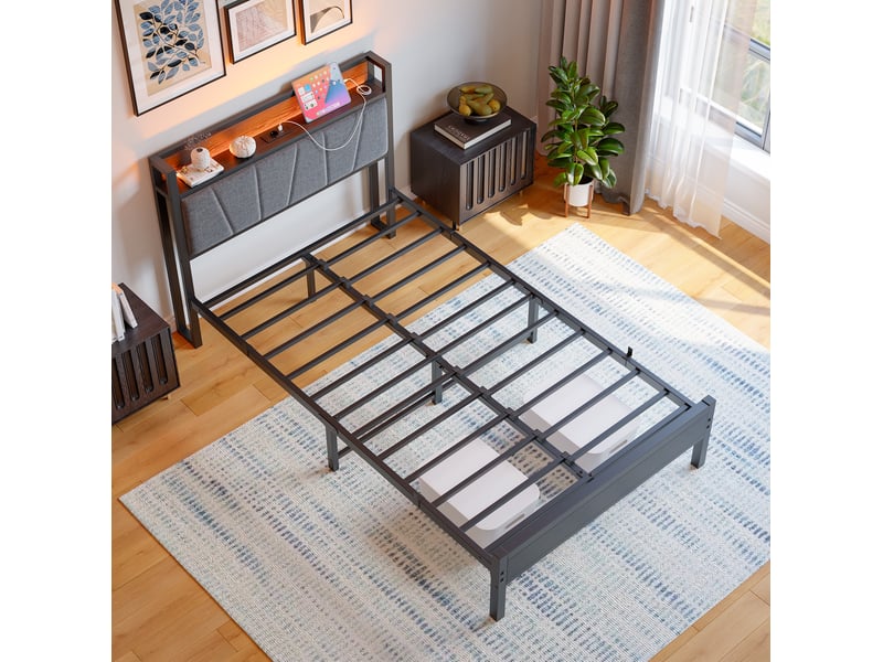  Lit jeune 120x200 cm tête haute, prise secteur, ports usb, éclairage avec éclairage led, rangement tête de lit, mdf métal, noir sans matelas  - Conforama D