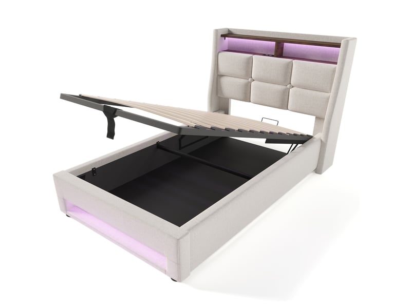  Lit coffre 90x200 cm, rangement hydraulique, éclairage led, usb, sommier à lattes, style vintage, gain de place pour chambre - beige  - Conforama A