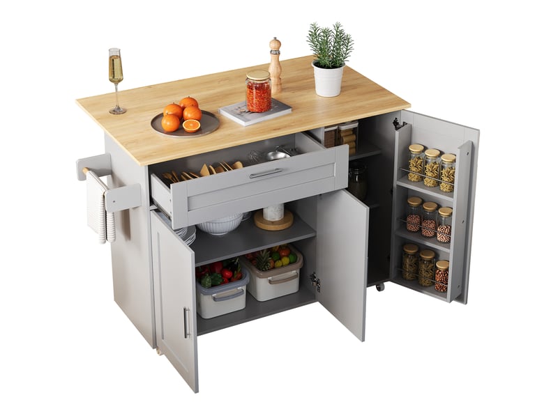  Desserte de cuisine 132,5 x 44 x 90 cm grise en mdf, plateau pliant, rangements réglables sur roulettes  - Conforama E