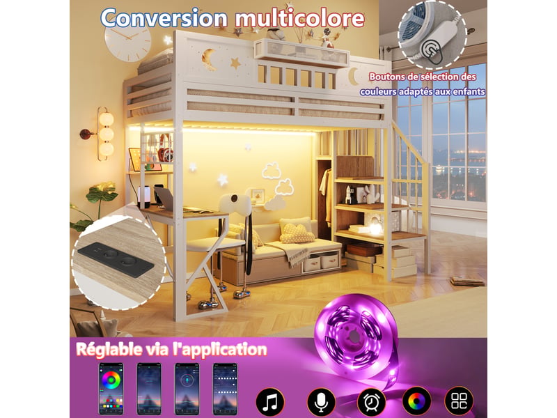 Lit mezzanine enfant 90x200cm avec bureau, panneau perforé pegboard, étagères, led, prises usb, métal blanc evarich - Conforama D