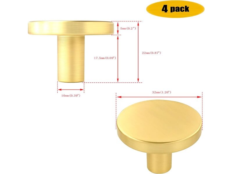  Lot de 4 poignées de porte en laiton poli doré, poignées rondes en zinc pour portes et tiroirs de cuisine  - Conforama B