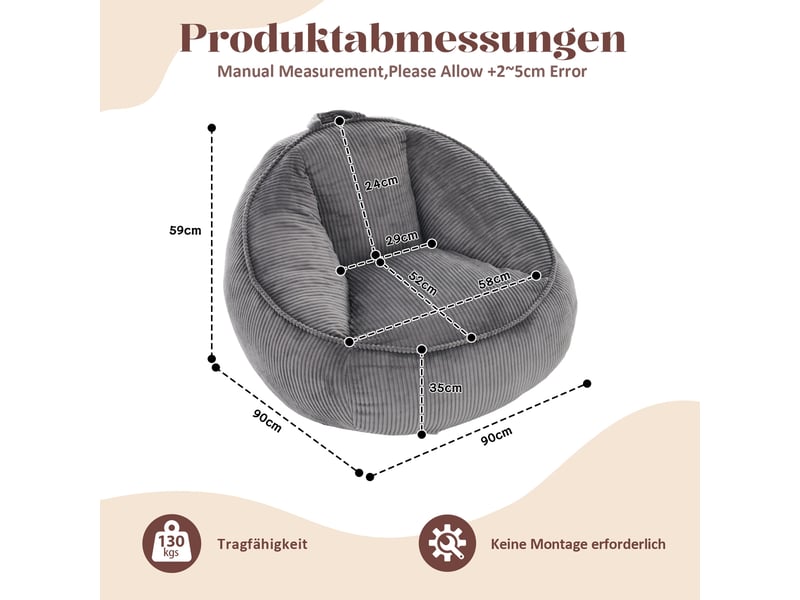  Fauteuil pouf gris 90x90x59 cm en velours côtelé, assise en mousse à mémoire de forme et dossier pour le salon  - Conforama C