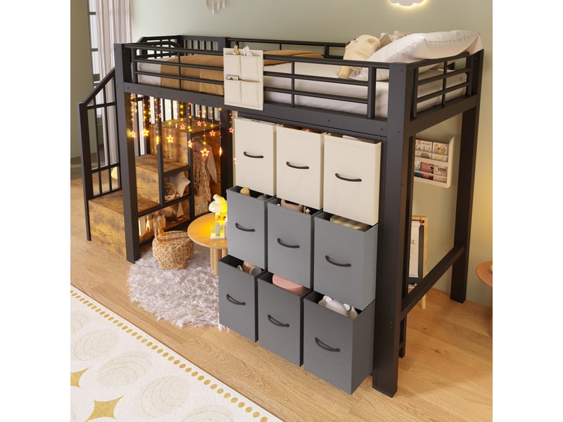  Elvmi lit mezzanine 90x200 cm en métal et mdf noir et blanc, avec escalier de rangement, commode à tiroirs, penderie intégrée, garde-corps, poche de rangement et espace inférieur polyvalent  - Conforama E