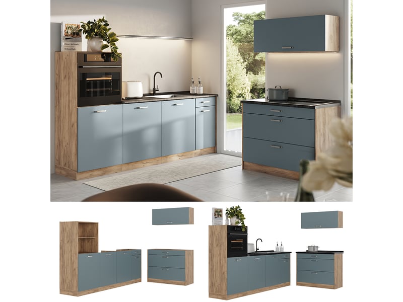 Vicco cuisine, bleu-grischêne doré, 220cm plan de travail anthracite - Conforama D