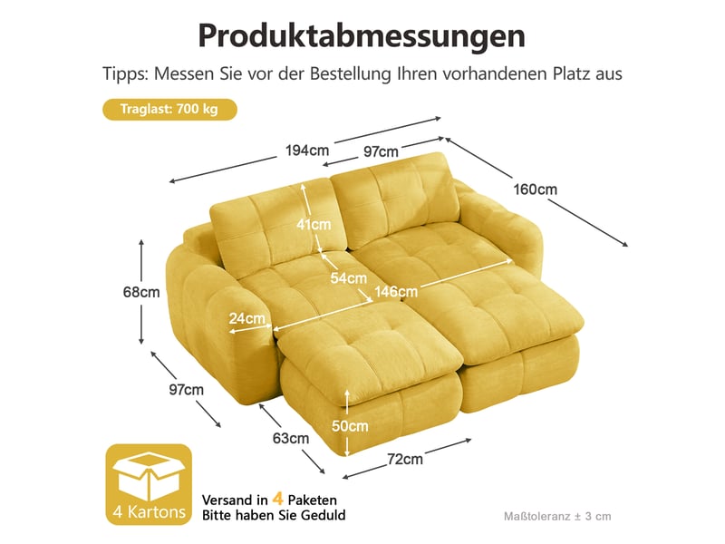  Canapé modulaire 2 places sans cadre avec 2 poufs, assise profonde et accoudoirs en chenille jaune, 194 × 160 × 68 cm  - Conforama C