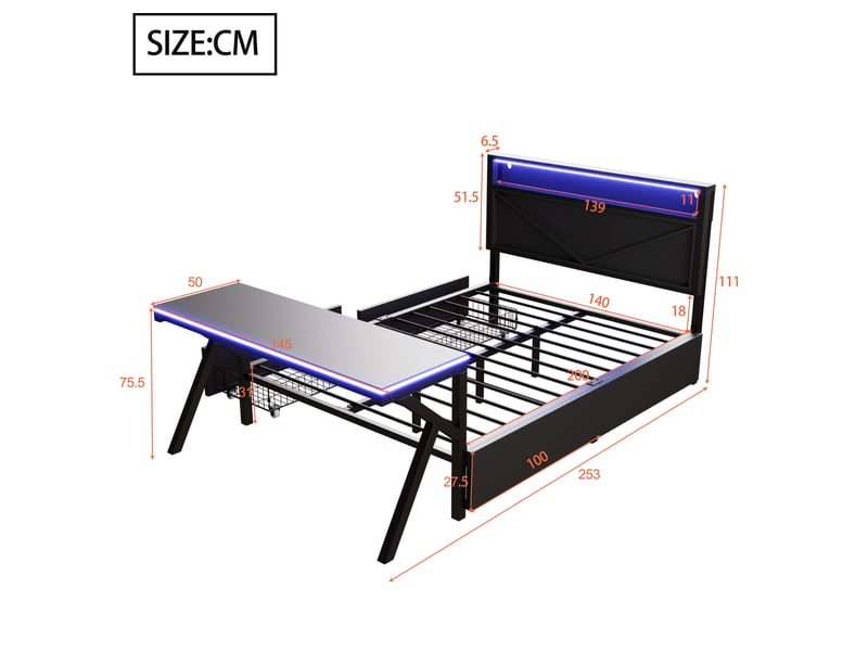  Lit plateforme gaming 140x200 cm, bureau, led tête de lit, 2 tiroirs, cadre métal, mdf, noir sans matelas  - Conforama C