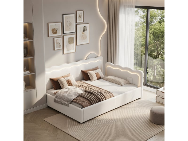  Lit d'enfant 90 × 200 cm, éclairage d'ambiance led, aspect feutre, rose  - Conforama D