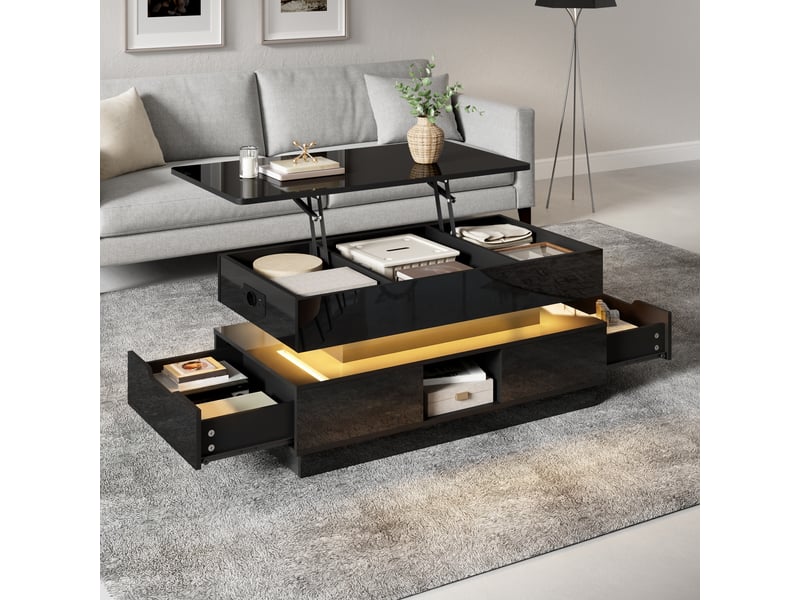 Table basse relevable noire brillante 90 x 48 cm avec rangement, led et prise intégrée - Conforama D