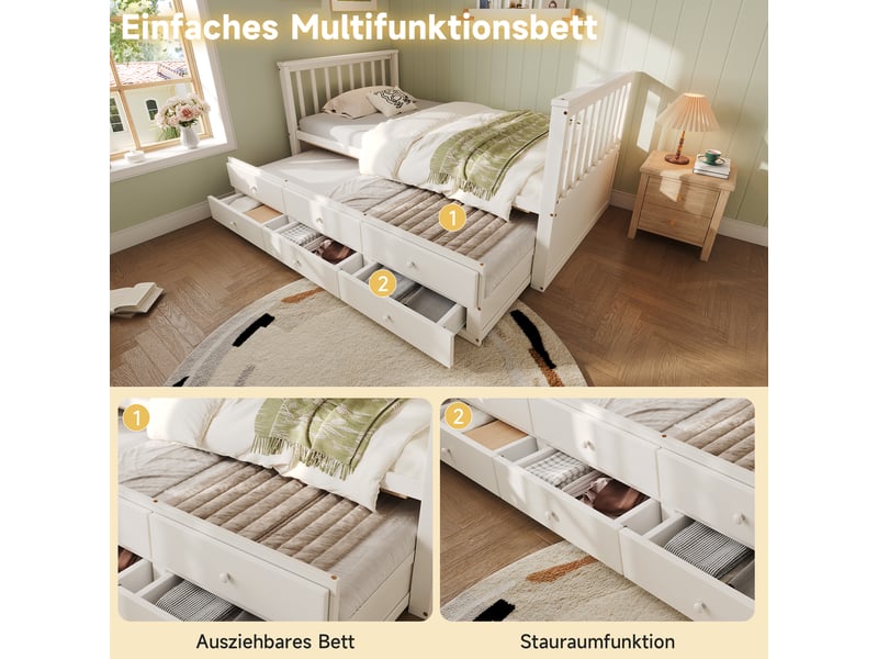  Lit gigogne simple 90×200 cm et 90×190 cm, 3 tiroirs  - sans matelas, bois blanc  - Conforama E