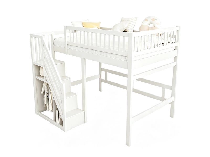  Lit mezzanine enfant 140 x 200 cm blanc avec escalier de rangement  - Conforama A