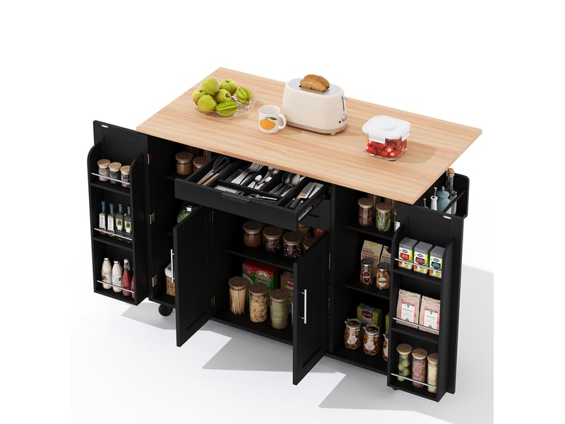  Desserte de cuisine 136 x 70 x 92 cm noir et naturel en mdf, plateau extensible sur roulettes avec rangement  - Conforama A