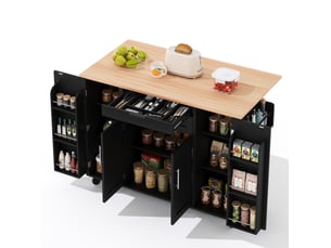 Desserte de cuisine 136 x 70 x 92 cm noir et naturel en mdf, plateau extensible sur roulettes avec rangement
