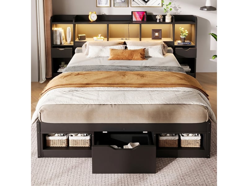  Lit double 140x200 cm avec rangement, cadre de lit noir avec 3 tiroirs, led et port usb, lit plateforme adulte  - Conforama B