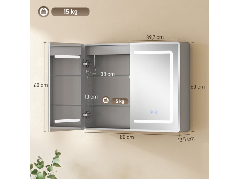  Armoire miroir salle de bain led antibuée rectangulaire 80 x 60 cm avec rangement intégré (98)  - Conforama E