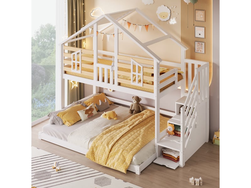  Lit superposé cabane 90x200+140x200 cm avec maison, fenêtres décoratives, escalier avec rangement, 2 couchages, bois blanc et naturel (sans matelas)  - Conforama E