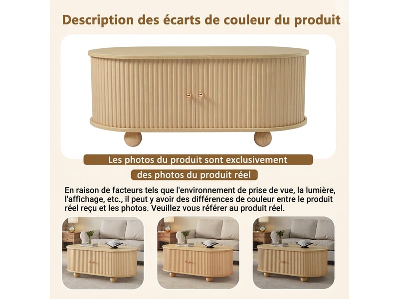  Table basse ovale avec rangement mdf couleur bois - portes coulissantes 100cm  - Conforama R