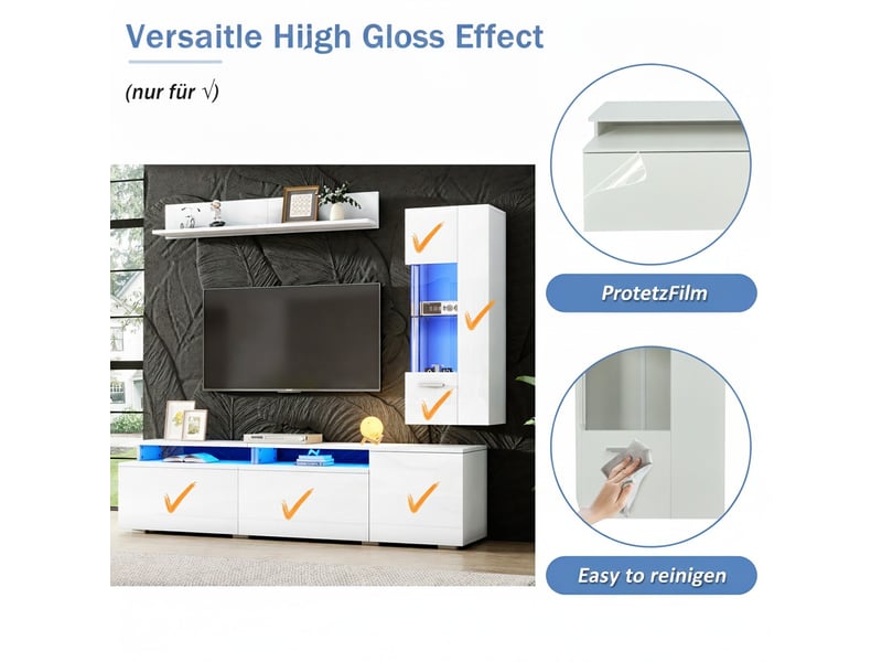 Meuble tv mural complet 3 pièces blanc laqué avec led ensemble de salon moderne table tv vitrine et étagère pour tv jusqu'à 80 - Conforama C