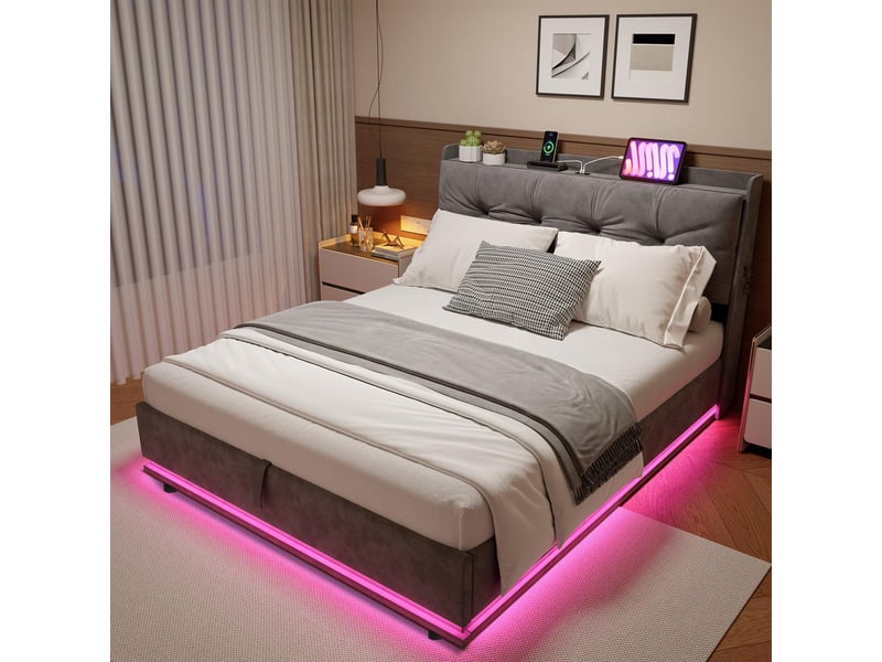  Lit coffre 160x200cm - lit double 160x200 avec rangement, tête de lit, led rgb, prises usbtype-c et poches latérales - gris  - Conforama C
