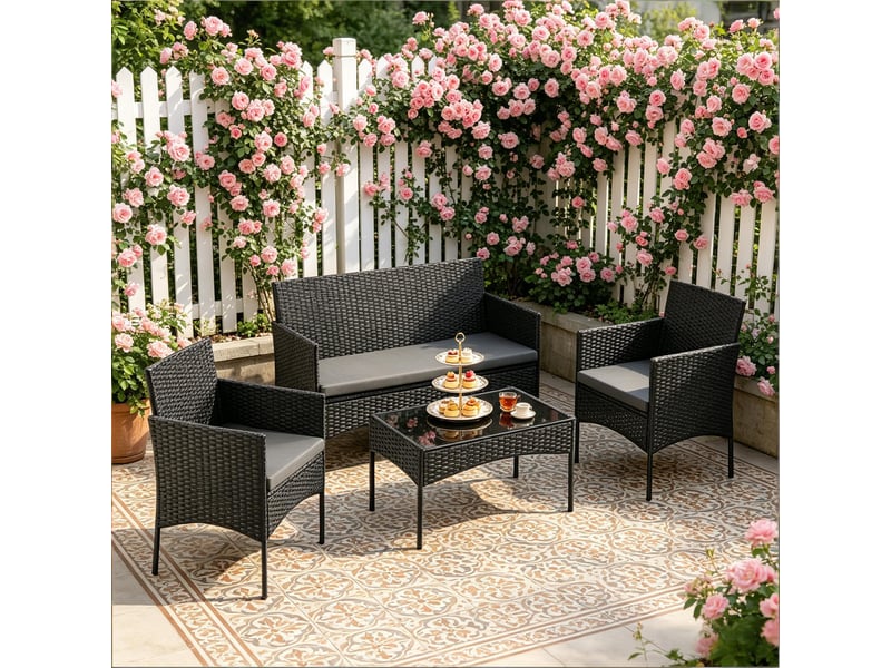 Salon de jardin avec canapé 2 places, 2 fauteuils et table basse, coussins amovibles, en rotin noir - Conforama C