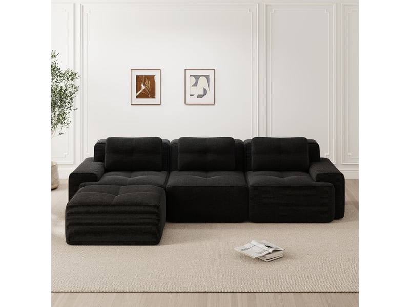  Canapé d'angle ulevr modulable 3 places avec ottomane, sans montage, velours côtelé noir, 293 x 177 x 69 cm  - Conforama B