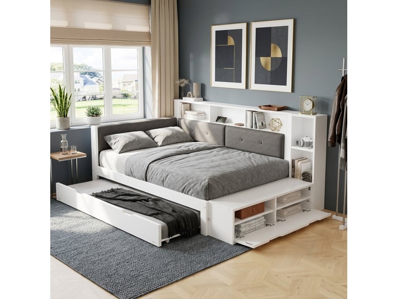 Lit gigogne modenvie 120 x 200 cm avec lit escamotable 90 x 190 cm, rangement, tête de lit rembourrée et fonction de charge, blanc et gris - Conforama D