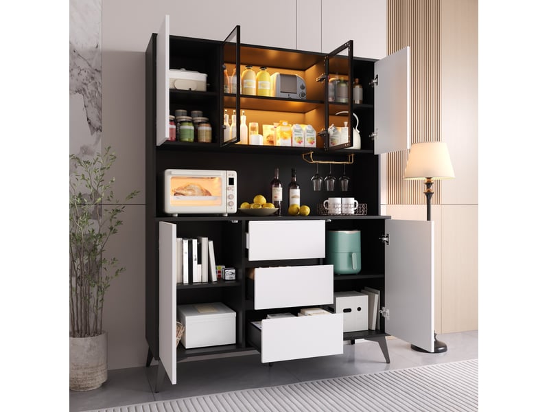  Vaisselier avec vitrine 120 x 40 x 160 cm – noir et blanc – led réglable via application, 3 tiroirs  - Conforama B