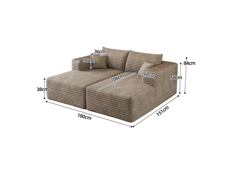 Canapé modulable convertible 2 places 180 x 151 x 58 cm, canapé-lit sans structure, assise en mousse, design minimaliste, velours côtelé, camel Bliss Lite - Conforama C