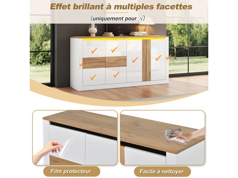 Buffet led 140 cm blanc brillant et chêne, meuble de rangement 4 portes mdf - Conforama R