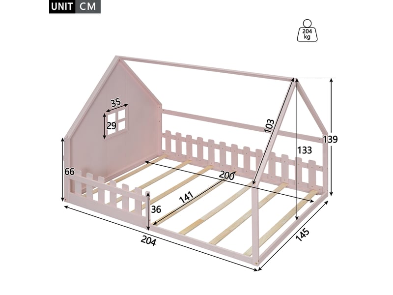  Lit enfant cabane 140 x 200 cm rose en bois de pin et mdf avec barrière  - Conforama E