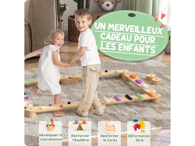  Poutre d'équilibre en bois pour enfants 3-8 ans avec pierres d'obstacle colorées, intérieur et extérieur  - Conforama D