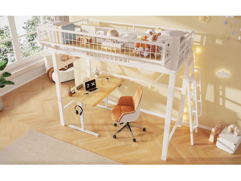  Lit mezzanine 90x200 cm, avec rangements latéraux et espace ouvert, en métal, blanc, sans matelas  - Conforama D