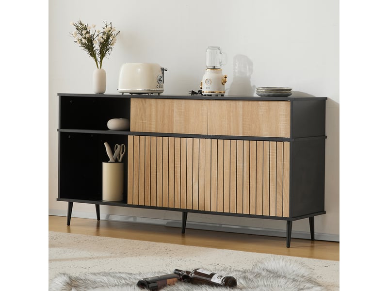  Commode moderne - 4 portes coulissantes - 1 tiroir - chêne et noir - panneau de particules 160x40x80cm - Conforama D